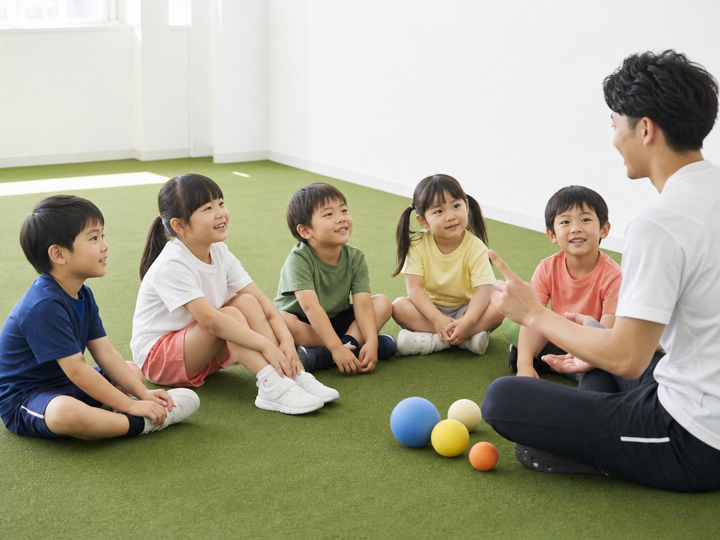 人工芝の上でコーチの話を聞く子どもたち